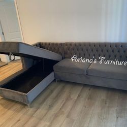 New Grey Velvet Sectional With Storage 