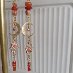 Tarnish Resistant Gold Plated Moon Earrings With Eye-Catching Rhinestone Hamsa Hand and Evil Eye Charms, and Wire Wrapped Carnelian