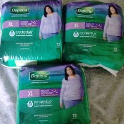 $45 Bundle Of (3) Unopened New Depend Adult XL Night DEFENSE DRYSHIELD 12CT  Each Pack