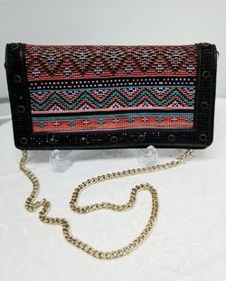 Black Leather Beaded Clutch Bag 