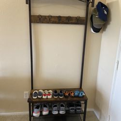 Freestanding Coat Rack With Shoe Storage Shelf, Entryway Storage Shelf, With 10 Hooks.