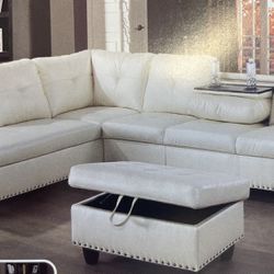White Leather Sectional Couch With Drop Down Table 