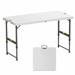 Outdoor 4ft Portable Folding Table, One-Handed Height Adjustment, 4 Heights, Gravity Lock, Carry Handle, Indoor Outdoor Heavy Duty Fold-in-Half Utilit