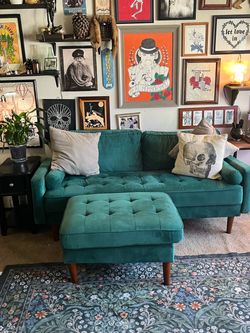 Dark green  loveseat with ottoman