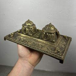 Stunning Cast Bronze Victorian Double Inkwell Holder Stand Pen Holder Decorative