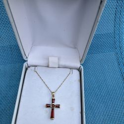 10K Gold Cross With Genuine New 10K Gold Cross With Garnet Gemstones And A Fine Delicate Chain 