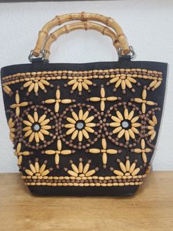 Vintage Wooden Beaded Tote Bag Boho Wood Bead Handbag Purse Shoulder Bag