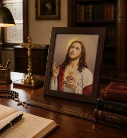 JESUS CHRIST Italy Lizard Skin LEATHER FRAME Orig Vintage Fine Art Print Antique 1937 RARE Collectible Religion Sacred Heart Christianity HILLCREST