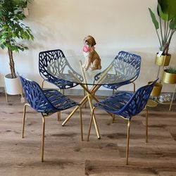Navy Blue Gold Modern Glass Dining Set