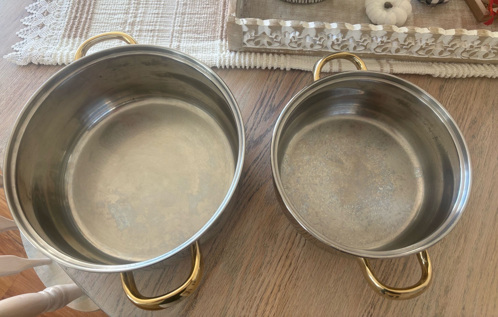 Pair of stainless steel pots, 20" and 8" in diameter, in perfect condition. $35 for both