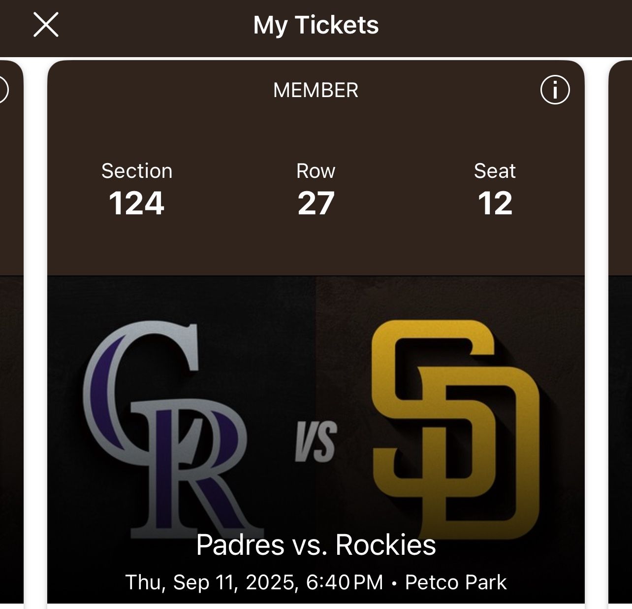Padres V Rockies 9/11/25 - 2 Tickets