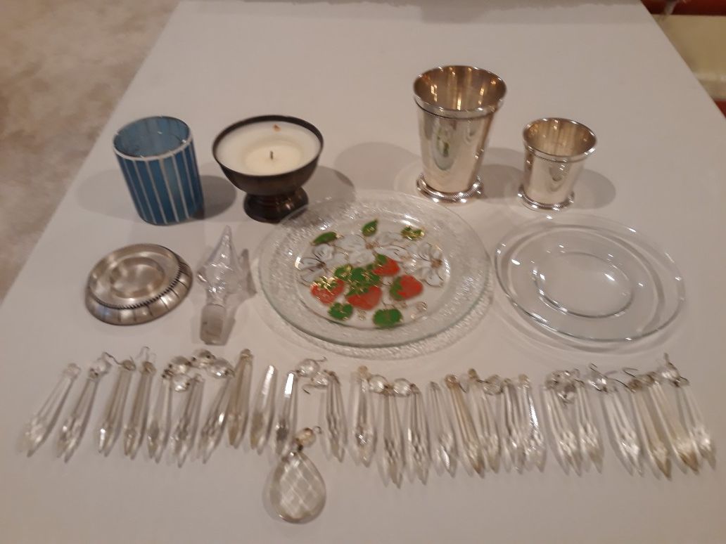 Set of Crystal Drops, Hand Painted Serving Plate, Candle Holders, & Silver Plate Cups