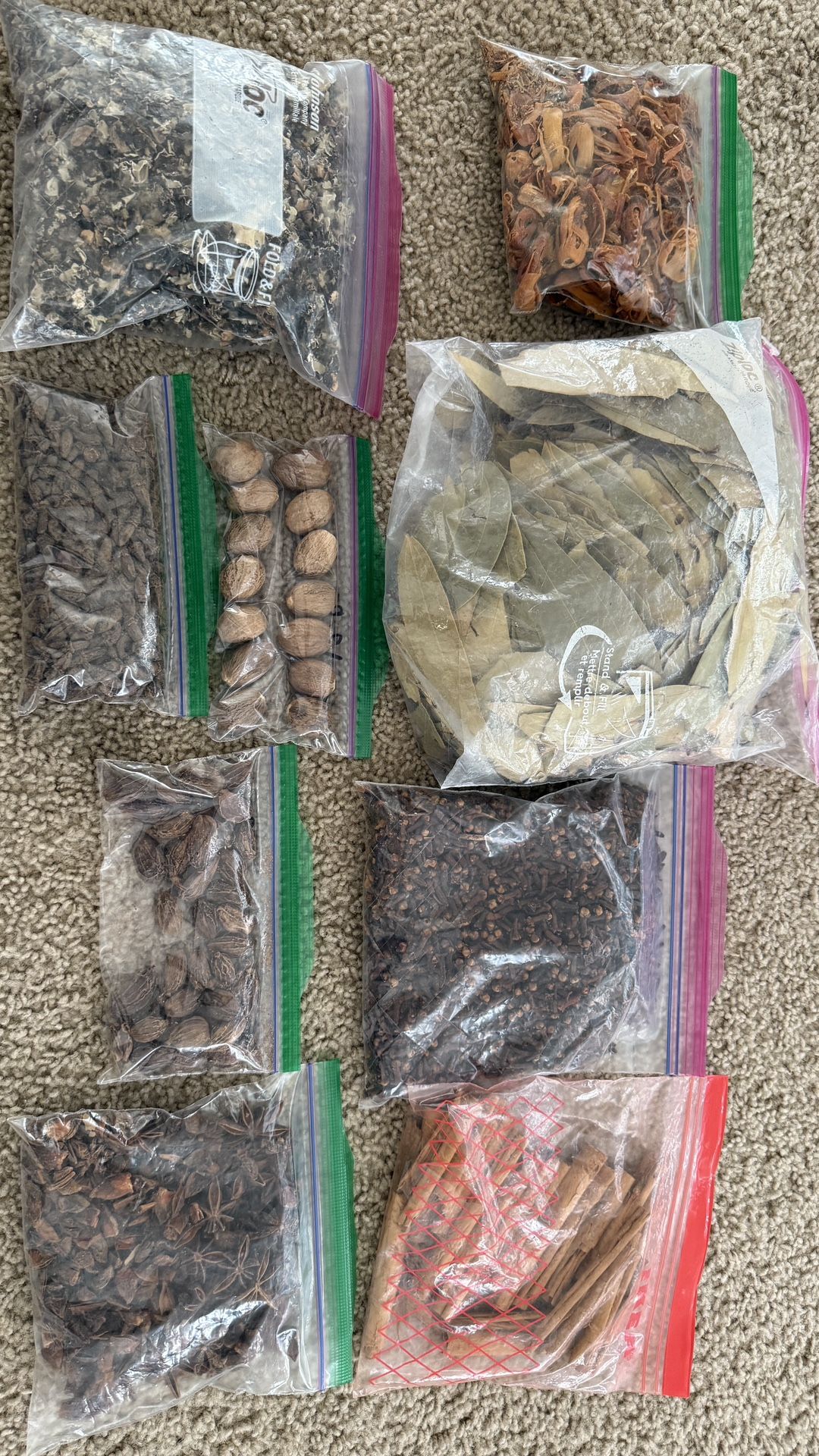 Spices- Clove, Cinnamon, Mace, Anise, Cardamon, Bay leaf, Nutmeg, Marathi Moggu, Stone flower