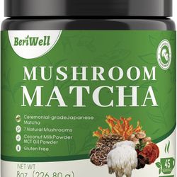 Mushroom Matcha Powder, Japanese Ceremonial Matcha Infused With 7 Superfood Mushrooms, MCT Oil, Coconut Milk Powder, Natural, Gluten Free, Taste Great