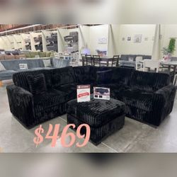 Black corduroy 4 Pc  sectional sofa set with ottoman