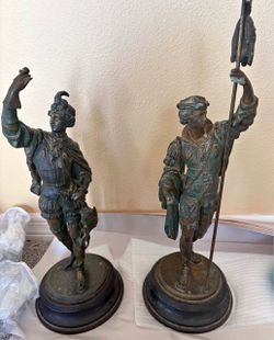 Antique Pair of French Spelter Renaissance Figures, Falconer & Standard Bearer, 19th C.