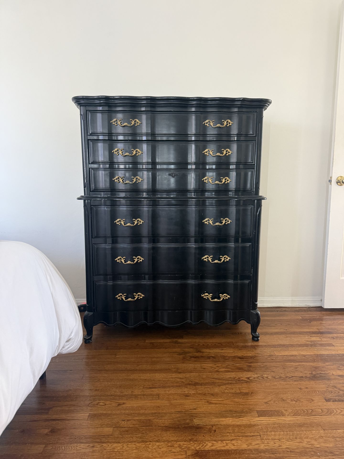 Refinished Mid-Century French Provincial Highboy Chest Dresser Romantic Black & Gold