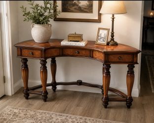 Traditional Burl Wood Demi-Lune Desk / Console Table - 62" Wide