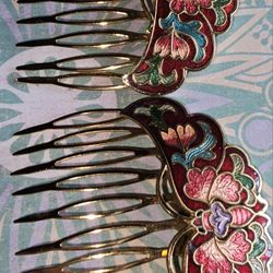 Vintage Cloisonne Pair of Butterfly Hair Combs