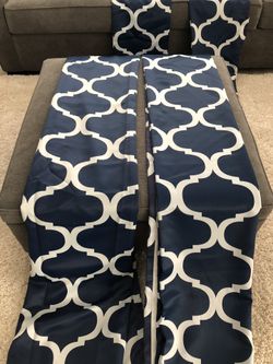 Navy and White Decorative Curtain Panels with matching Runner