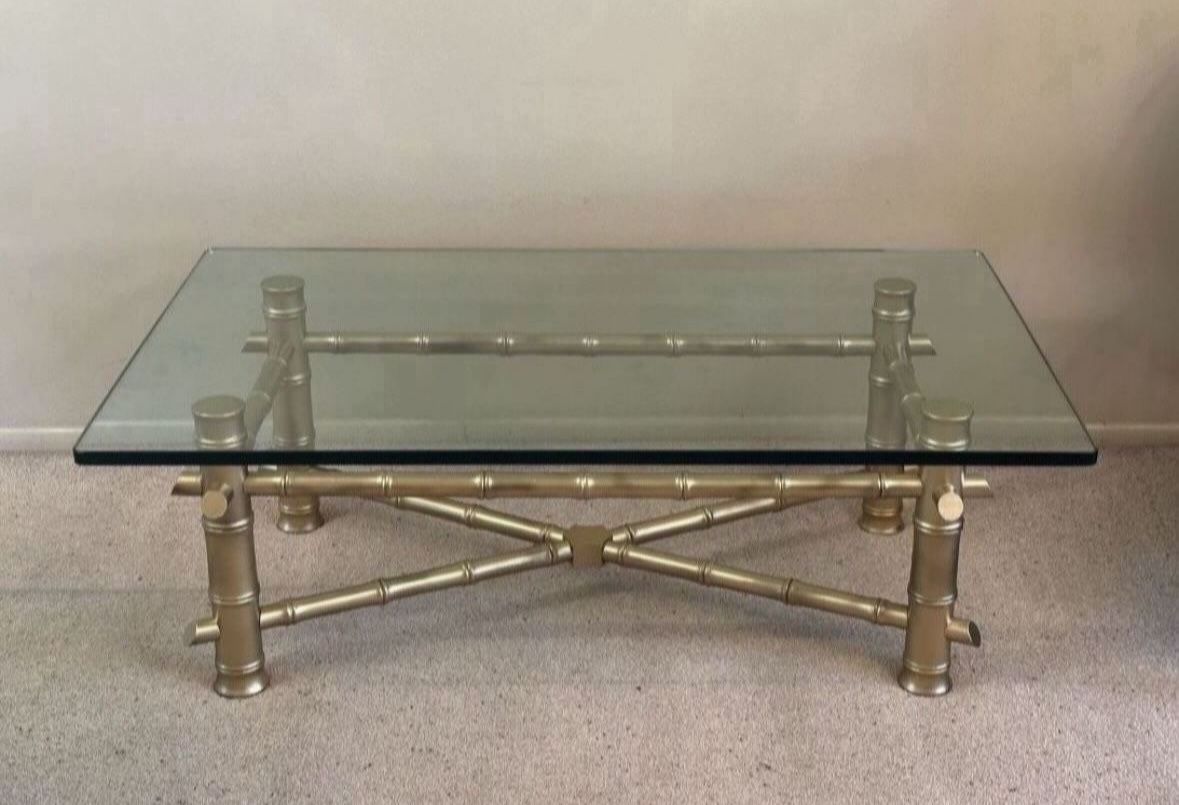 Antique Vintage Mid Century Modern Hollywood Regency Gold Glam Thick Faux Bamboo Base Glass Top Coffee Cocktail Table