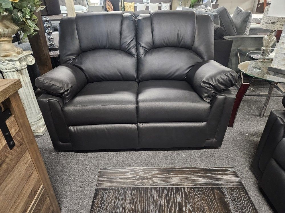 Brand New Black Synthetic Leather Manual Reclining Loveseat