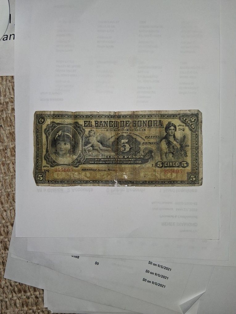 El Banco De Sonora - MEXICO $5 PESOS ND(1(contact info removed)) REMAINDER SERIAL#355605