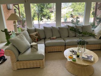 Oversize white Washed Heavy Wicker Sofa Ultrasuede Upholstery 1980s
