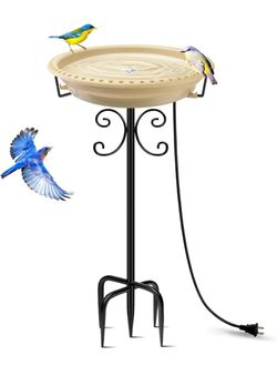 100W Heated Bird Baths for Outdoors, Heated Birdbath for Winter, Khaki Thermostatic Controlled, Sturdy Metal 5-Prong Stake, Removable Bowl, 5.6FT Long