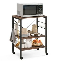 3-Tier Kitchen Baker's Rack Microwave Oven Storage Cart with Hooks-Rustic Brown, Bakers Rack Kitchen Storage Shelf