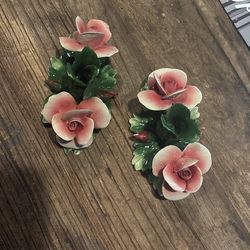 Capodimonte Italy Rose Porcelain Candle Holders