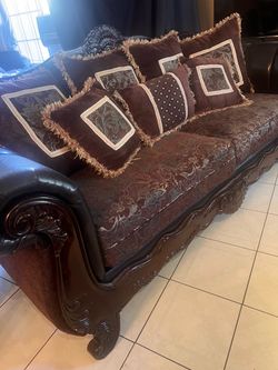 Victorian Style Carved Wood Sofa with Throw Pillows