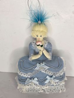Victorian Lady Christmas Ornament Blue Lace Gown Feather Plume Marie Antoinette