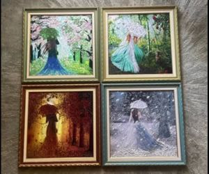 Set of 4 Framed Beaded Four Seasons Wall Art Panels Romantic Lady Umbrella Decor