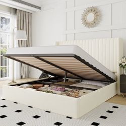 Queen Size Lift Up Storage Bed Frame, Hydraulic Support System, Upholstered Platform Bed Frame, Vertical Channel Tufted Headboard with Wingback, Cream