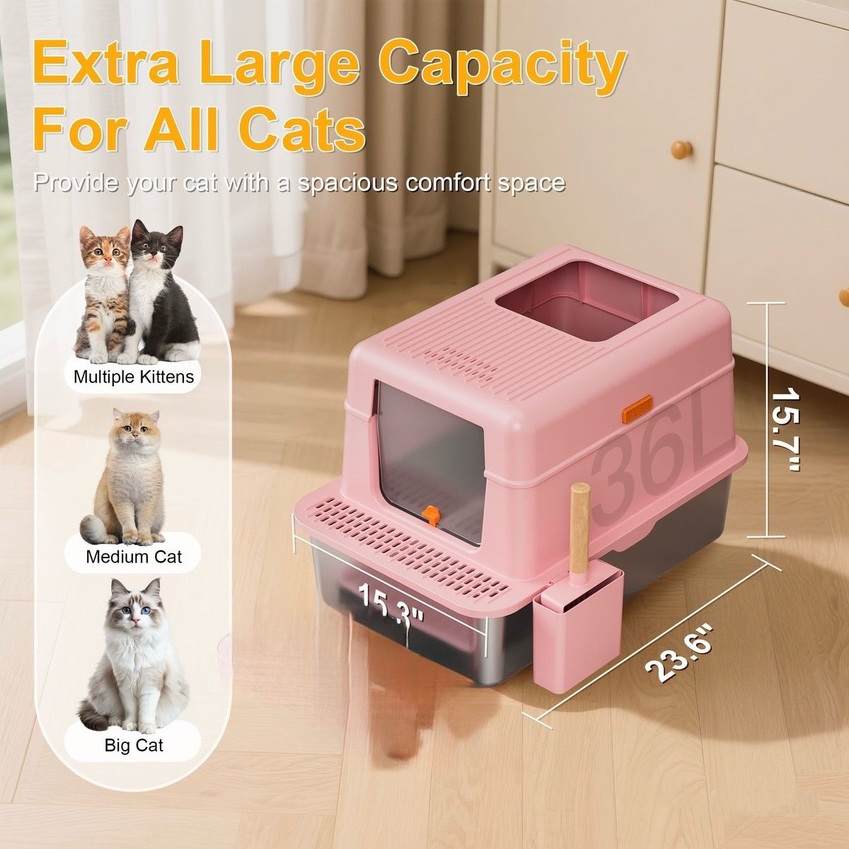 Topyangs Flip-Top Design Enclosed High Sides Stainless Steel Cat Litter Box with Lid, Pink, X-Large: 20-L