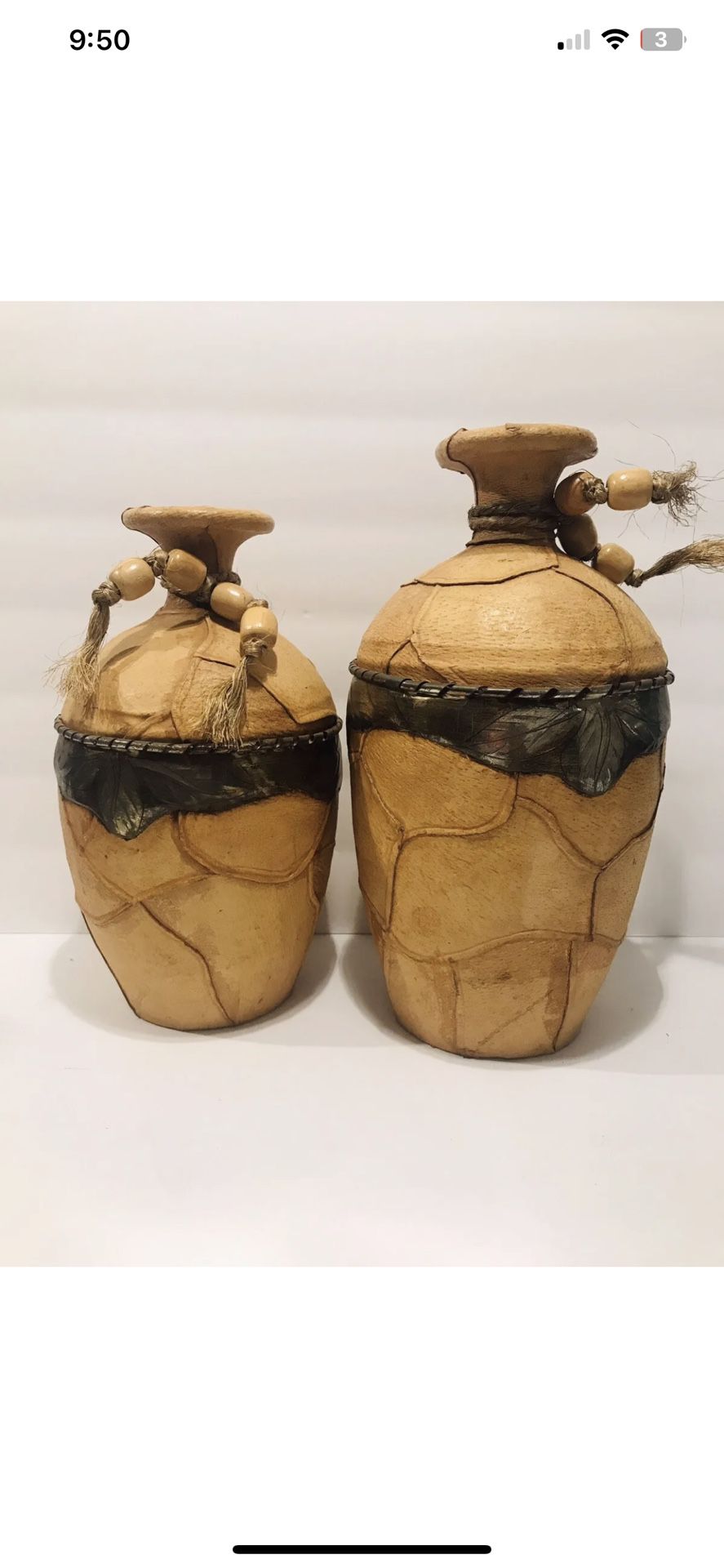 Set Of Two Vintage Leather Wrapped Vases Vintage Farmhouse Rustic Vases 11”,9”.  Beautiful and stunning pair of rustic vases, leather wrapped with met