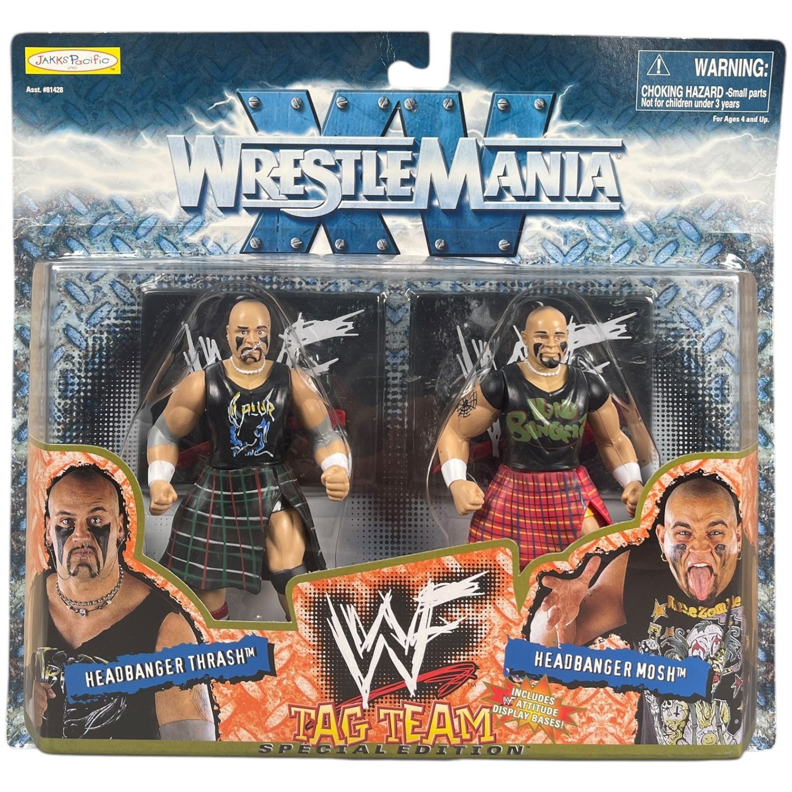 Vintage 1998 WWF Wrestlemania XV Headbanger Mosh & Thrasher Tag Team Figures New