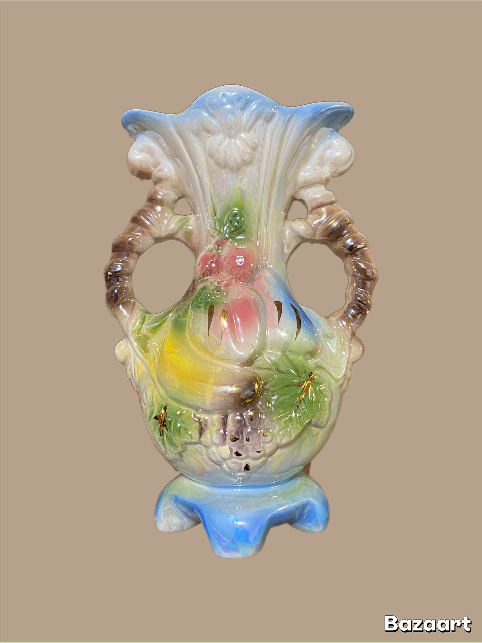 Vintage Blue Lusterware Double Handled Ceramic 8" Vase Fruit Motif EUC