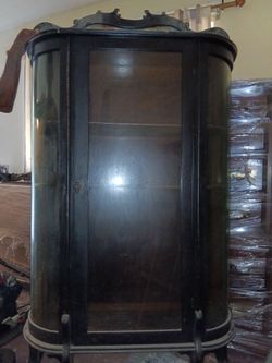 Antique Dark Wood Antique Curved Glass Display Cabinet