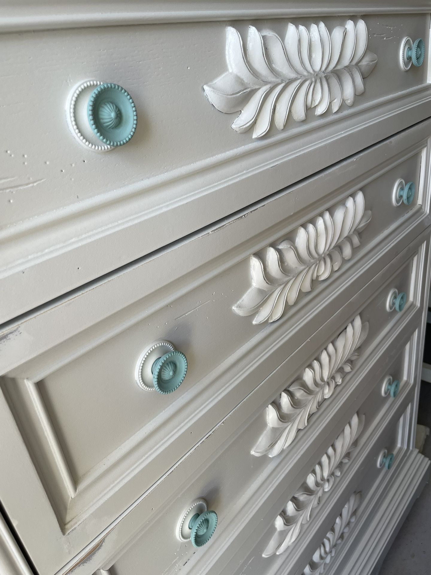 White Wood Dresser 5 Drawer Chest With Seafoam Green Knobs