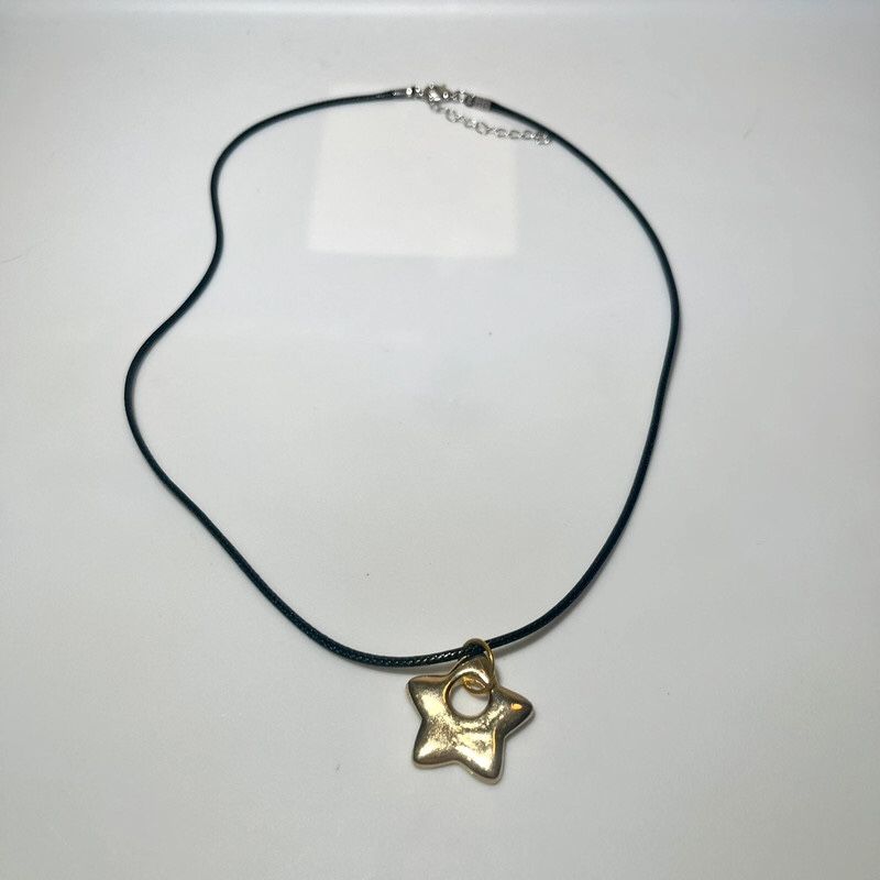 Black Waxed Cord with Gold Tone Orange Star Shaped Pendant Necklace