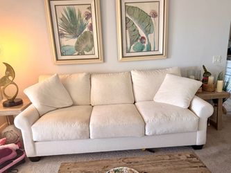 Cream Fabric Down 3-Seat Sofa with Rolled Arms