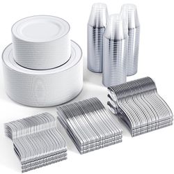 FOCUSLINE 600pcs Silver Dinnerware Set for 100 Guests, Silver Rim Plastic Plates Disposable, 100 Dinner Plates, 100 Salad Plates, 100 Cups, 100 Silver