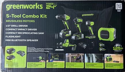 Brand New in Box Sealed Greenworks - 24V 5 Tool Combo Kit - Drill, Impact Driver, Recip Saw, Light, Bluetooth Speaker, 2Ah + 4Ah Batteries, & Charger