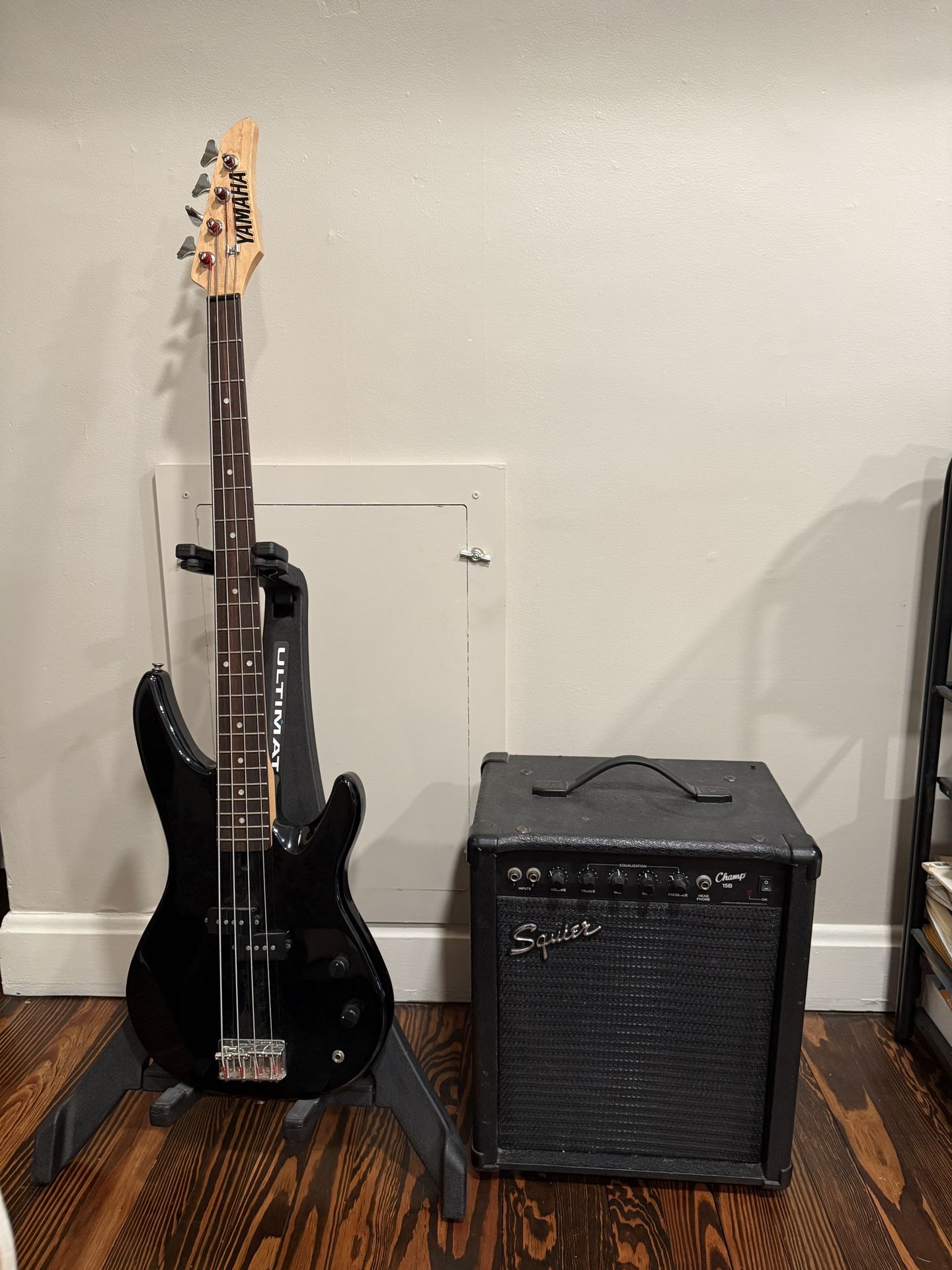 Yamaha RBX250 Electric Bass with Squier Amp and Soft Case