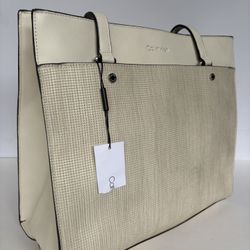 NEW Calvin Klein Leo Tote Bag Off-White Faux Leather Textured Shoulder Bag 12x14x6”