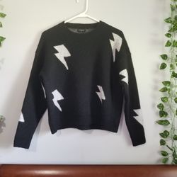 Storia Black & White Lightning Bolt Print Womens Crew Neck Med Sweater