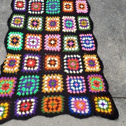 Vtg Granny Square Afghan Roseanne Black Crochet 37"×72" Handmade Throw Blanket
