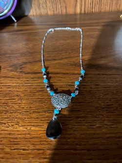 Silver Filigree Necklace with Black Stone Drop